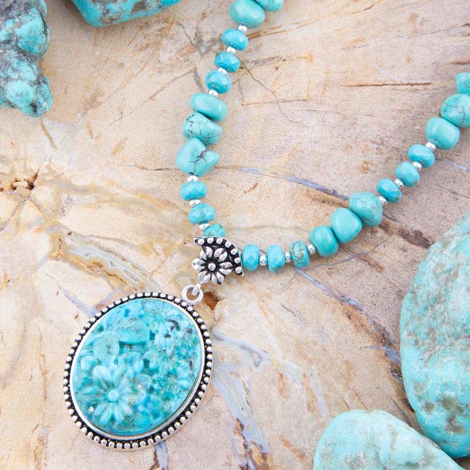 Carved Blue Turquoise and Sterling Silver Pendant - Barse Jewelry - Flyclothing LLC