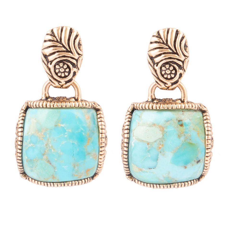 Carved Blue Turquoise Golden Drop Earrings - Barse Jewelry