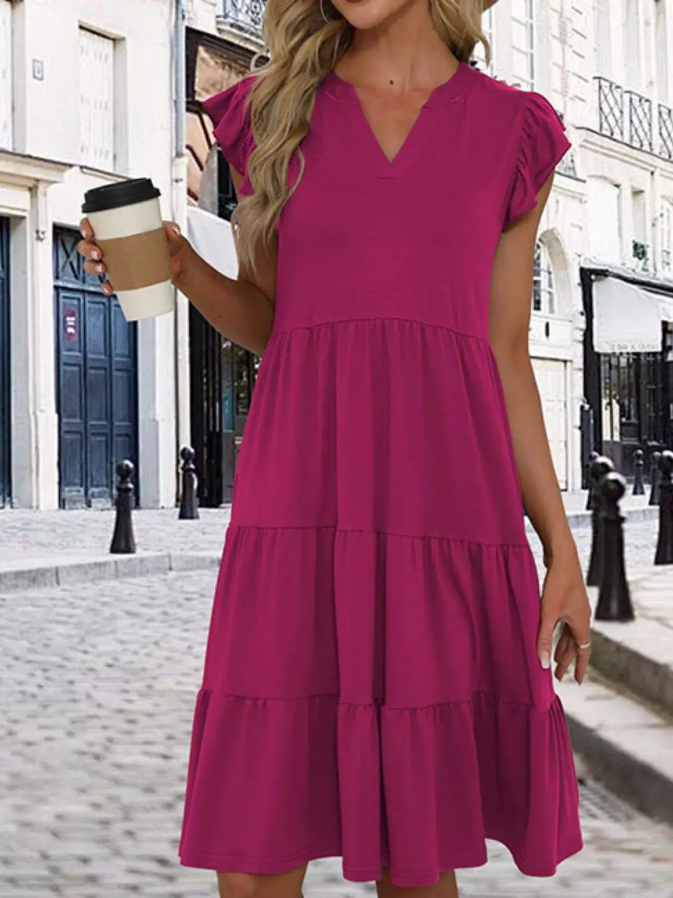 Ruffle Sleeve Tiered Midi Dress - Trendsi - Flyclothing LLC