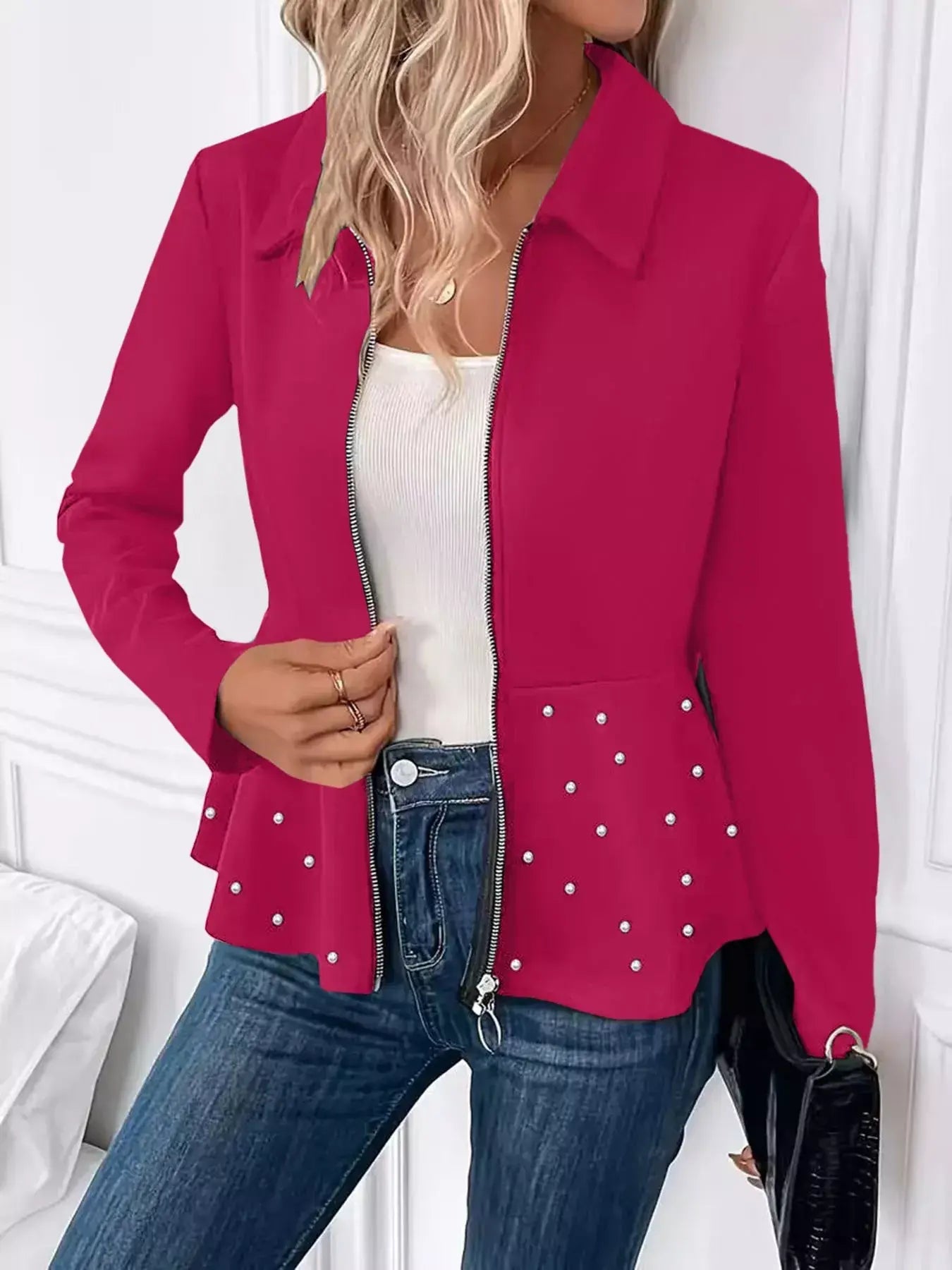 Pearl Embellished Zip-Up Peplum Outerwear - Trendsi - Flyclothing LLC