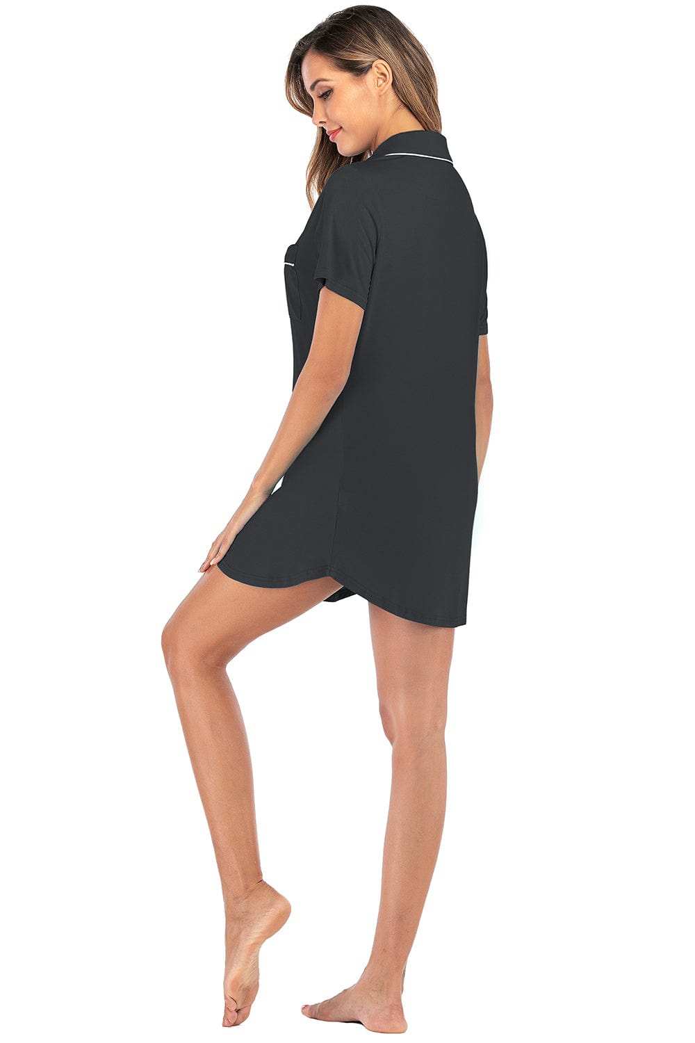 Contrast Piping Pocketed Short Sleeve Lounge Dress - Trendsi - Flyclothing LLC