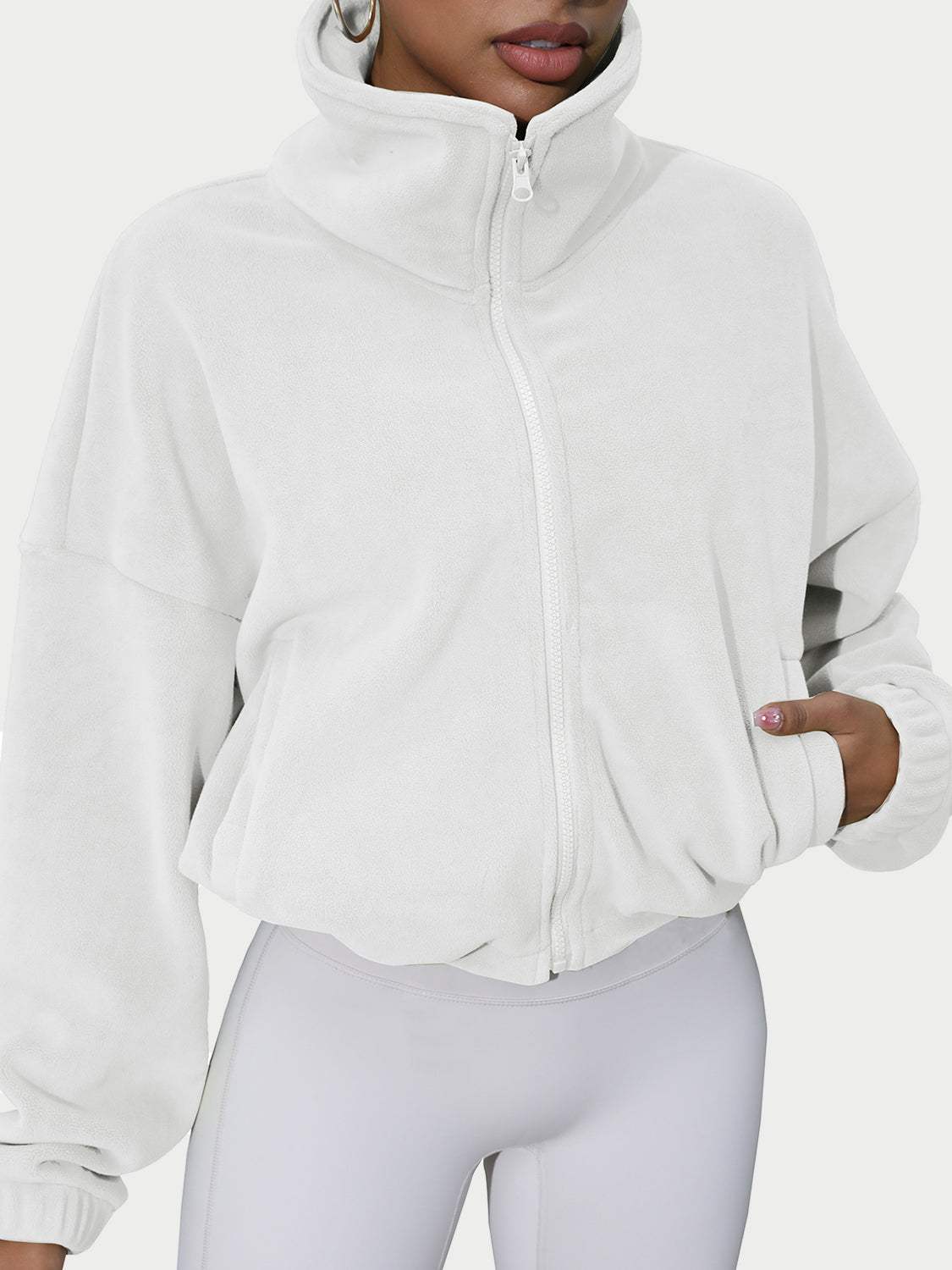 Drawstring Turtleneck Zip Up Long Sleeve Jacket - Trendsi - Flyclothing LLC
