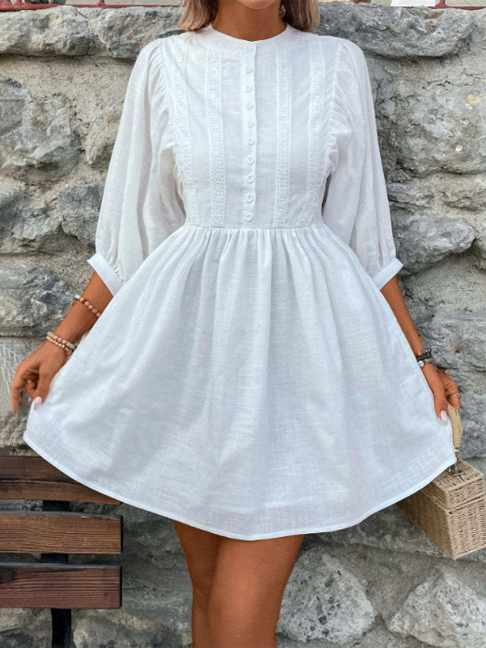Lace Detail Half Button Three-Quarter Sleeve Dress - Trendsi - Flyclothing LLC