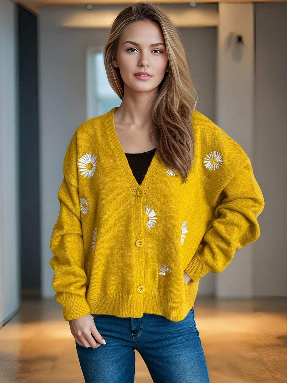 Daisy Button Up V-Neck Cardigan - Trendsi - Flyclothing LLC