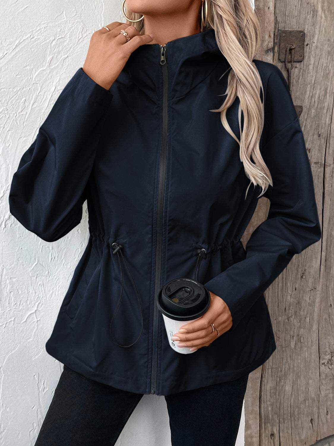 Drawstring Zip Up Hooded Jacket - Trendsi - Flyclothing LLC