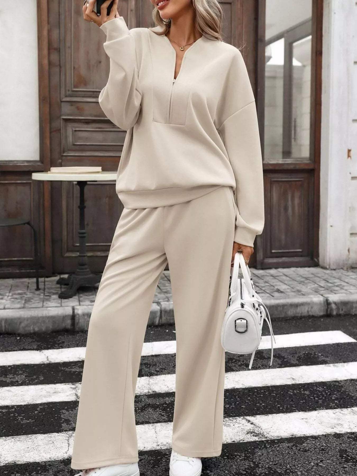 Half Zip Sweatshirt and Wide-Leg Pants Set - Trendsi - Flyclothing LLC