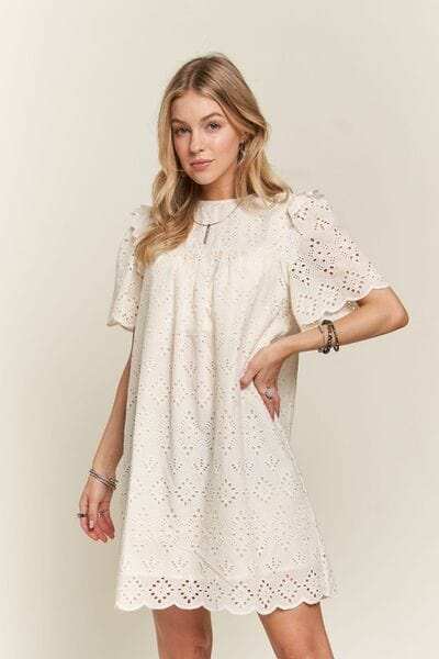 ADORA Ruffled Eyelet Round Neck Dress - Trendsi - Flyclothing LLC