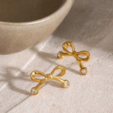 Stainless Steel Inlaid Zircon Bow Earrings - Trendsi - Flyclothing LLC
