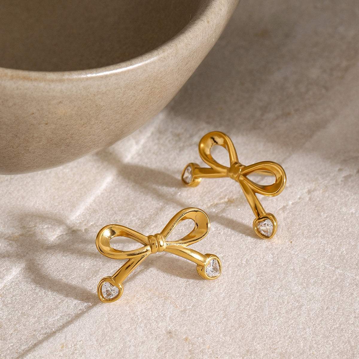 Stainless Steel Inlaid Zircon Bow Earrings - Trendsi - Flyclothing LLC