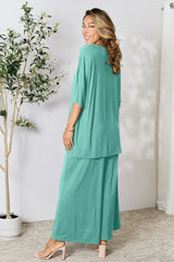 Double Take Full Size Round Neck Slit Top and Pants Set - Trendsi - Flyclothing LLC