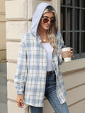 Drawstring Plaid Button Up Hooded Jacket - Trendsi - Flyclothing LLC