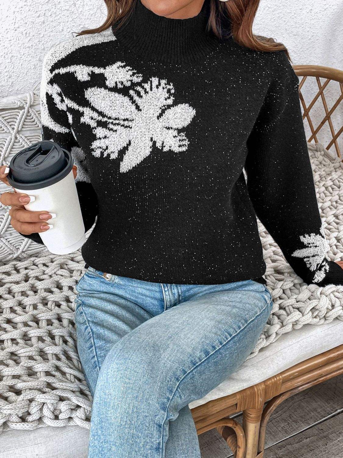 Perfee Flower Mock Neck Long Sleeve Sweater - Trendsi - Flyclothing LLC