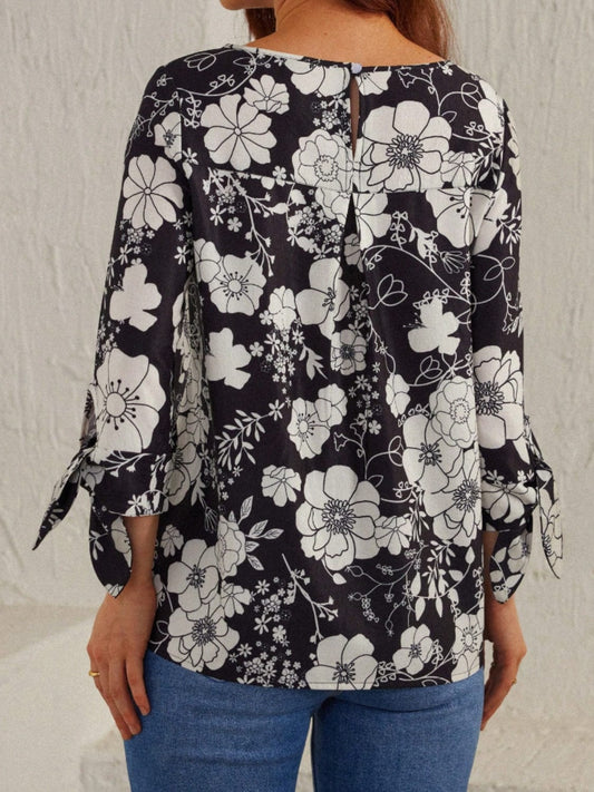 Printed Round Neck Three-Quarter Sleeve Blouse - Trendsi
