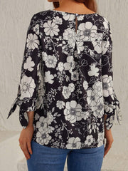 Printed Round Neck Three-Quarter Sleeve Blouse - Trendsi