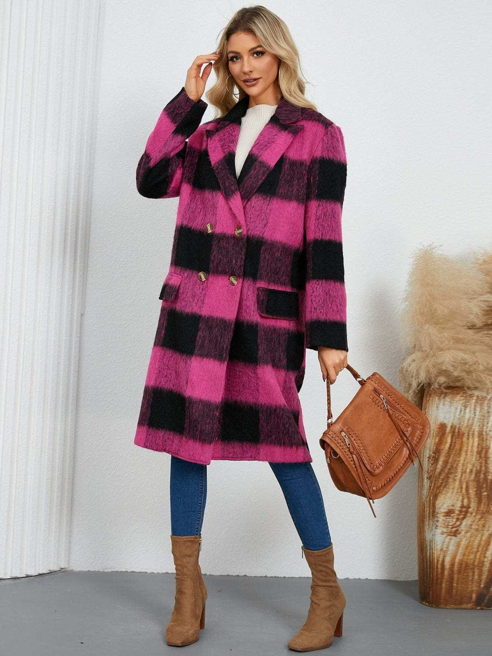Plaid Double-Breasted Long Sleeve Coat - Trendsi - Flyclothing LLC