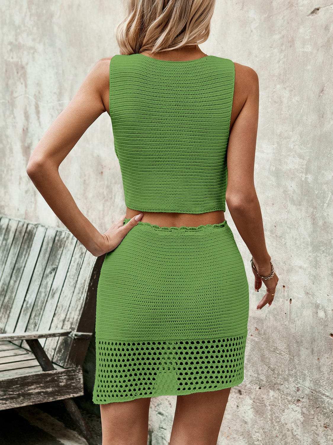 Button Up Sleeveless Top and Drawstring Skirt Set - Trendsi - Flyclothing LLC