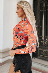 Printed Mock Neck Long Sleeve Bodysuit - Trendsi - Flyclothing LLC