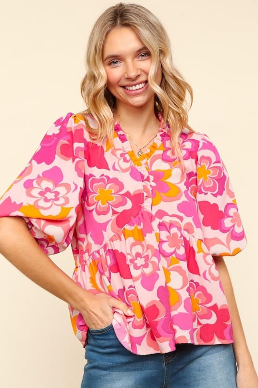 Haptics Full Size Frill Floral Puff Sleeve Blouse - Trendsi