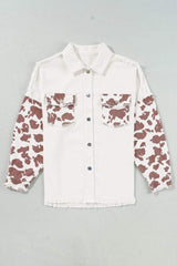 Raw Hem Animal Print Long Sleeve Denim Jacket - Trendsi - Flyclothing LLC