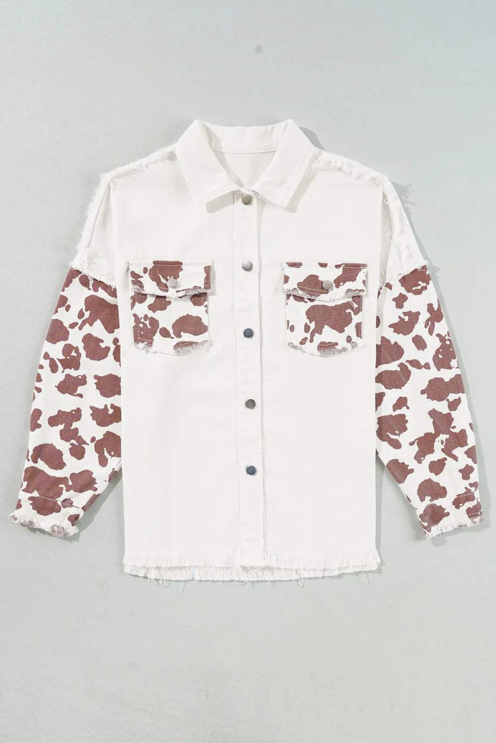 Raw Hem Animal Print Long Sleeve Denim Jacket - Trendsi - Flyclothing LLC