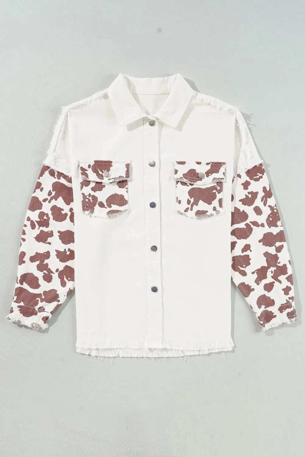 Raw Hem Animal Print Long Sleeve Denim Jacket - Trendsi - Flyclothing LLC