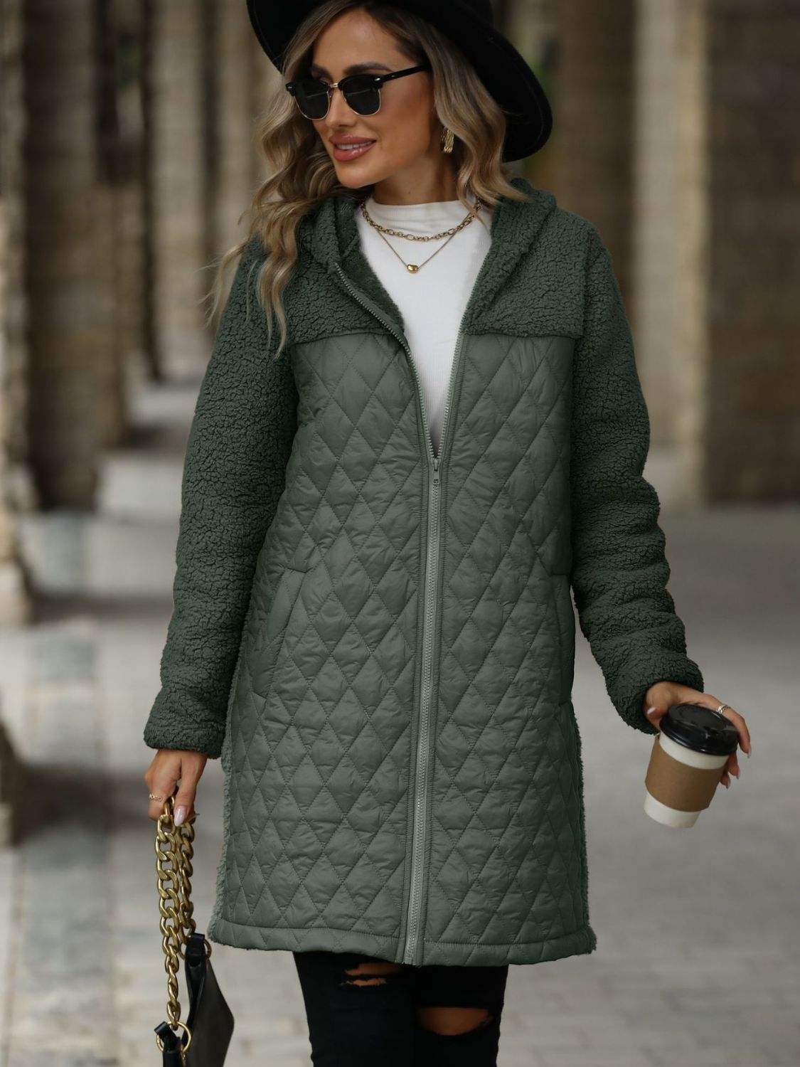 Texture Zip Up Long Sleeve Hooded Coat - Trendsi - Flyclothing LLC