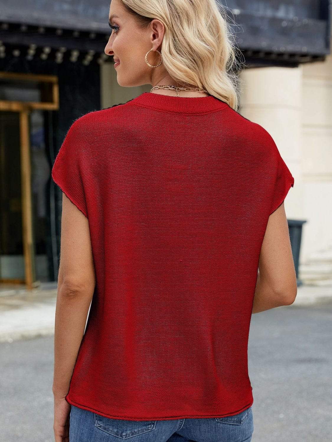 Exposed Seam Round Neck Short Sleeve Sweater - Trendsi - Flyclothing LLC