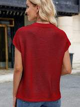 Exposed Seam Round Neck Short Sleeve Sweater - Trendsi - Flyclothing LLC