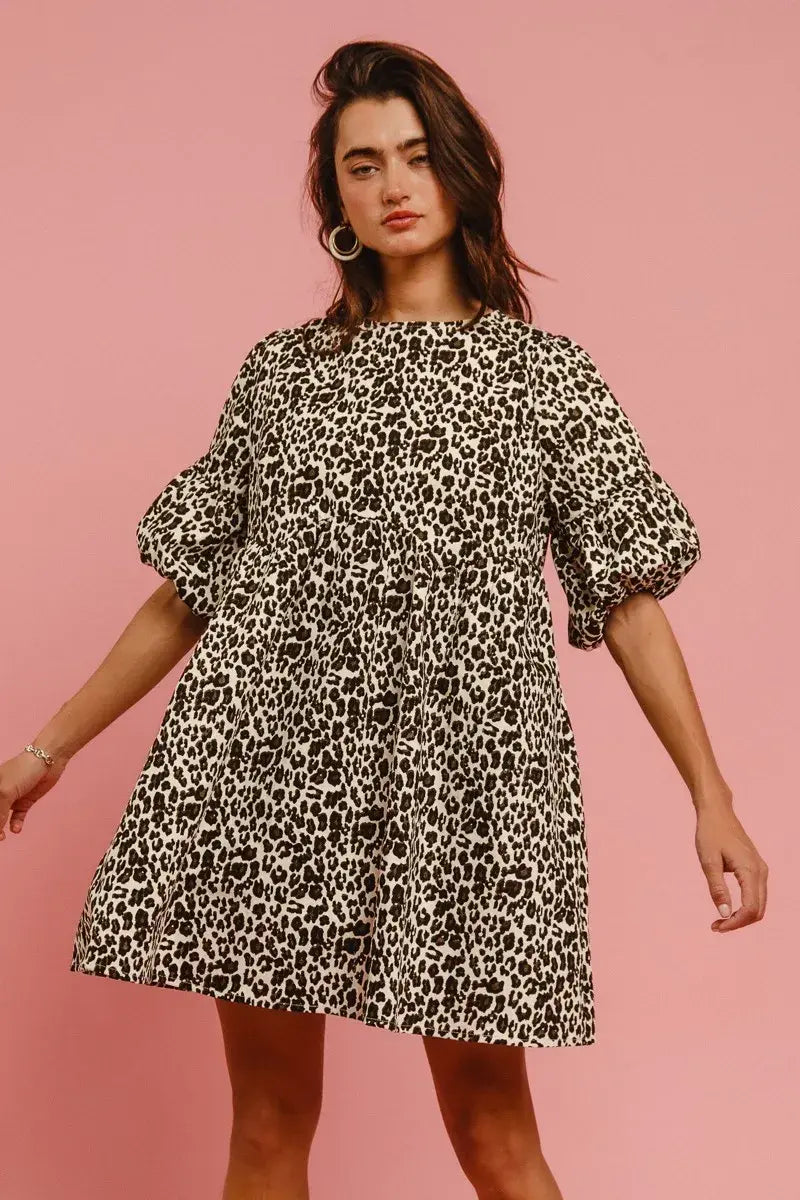 BiBi Leopard Denim Dress With Back Contrast Tie Detail - Trendsi - Flyclothing LLC