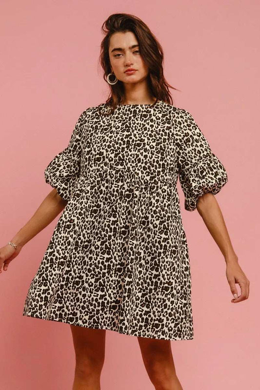 BiBi Leopard Denim Dress With Back Contrast Tie Detail - Trendsi - Flyclothing LLC