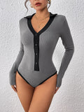 Perfee Contrast Trim Johnny Collar Long Sleeve Bodysuit - Trendsi