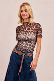 BiBi High Neck Leopard Mesh Short Sleeves Top - Trendsi - Flyclothing LLC