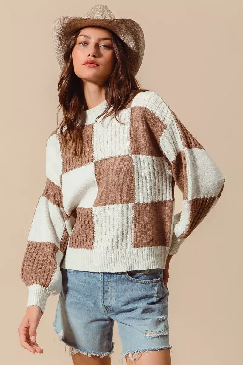 SO ME Ribbed Color Block Checkered Plaid Sweater - Trendsi - Flyclothing LLC