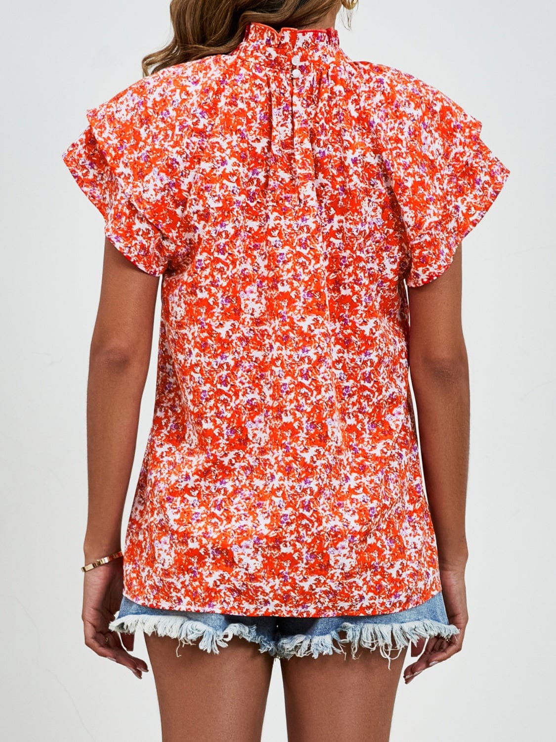 Ditsy Floral Mock Neck Flounce Sleeve Blouse - Trendsi