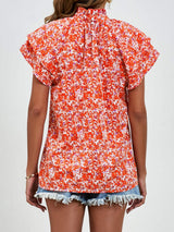 Ditsy Floral Mock Neck Flounce Sleeve Blouse - Trendsi - Flyclothing LLC