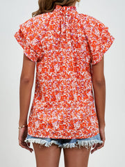 Ditsy Floral Mock Neck Flounce Sleeve Blouse - Trendsi