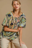 Umgee Full Size Abstract Print Smocked Square Neck Puff Sleeve Blouse - Trendsi