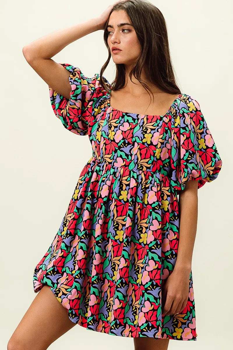 BiBi Floral Print Puff Square Neck Dress - Trendsi - Flyclothing LLC