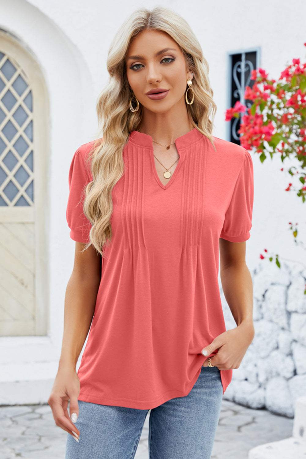 Notched Short Sleeve T-Shirt - Trendsi - Flyclothing LLC