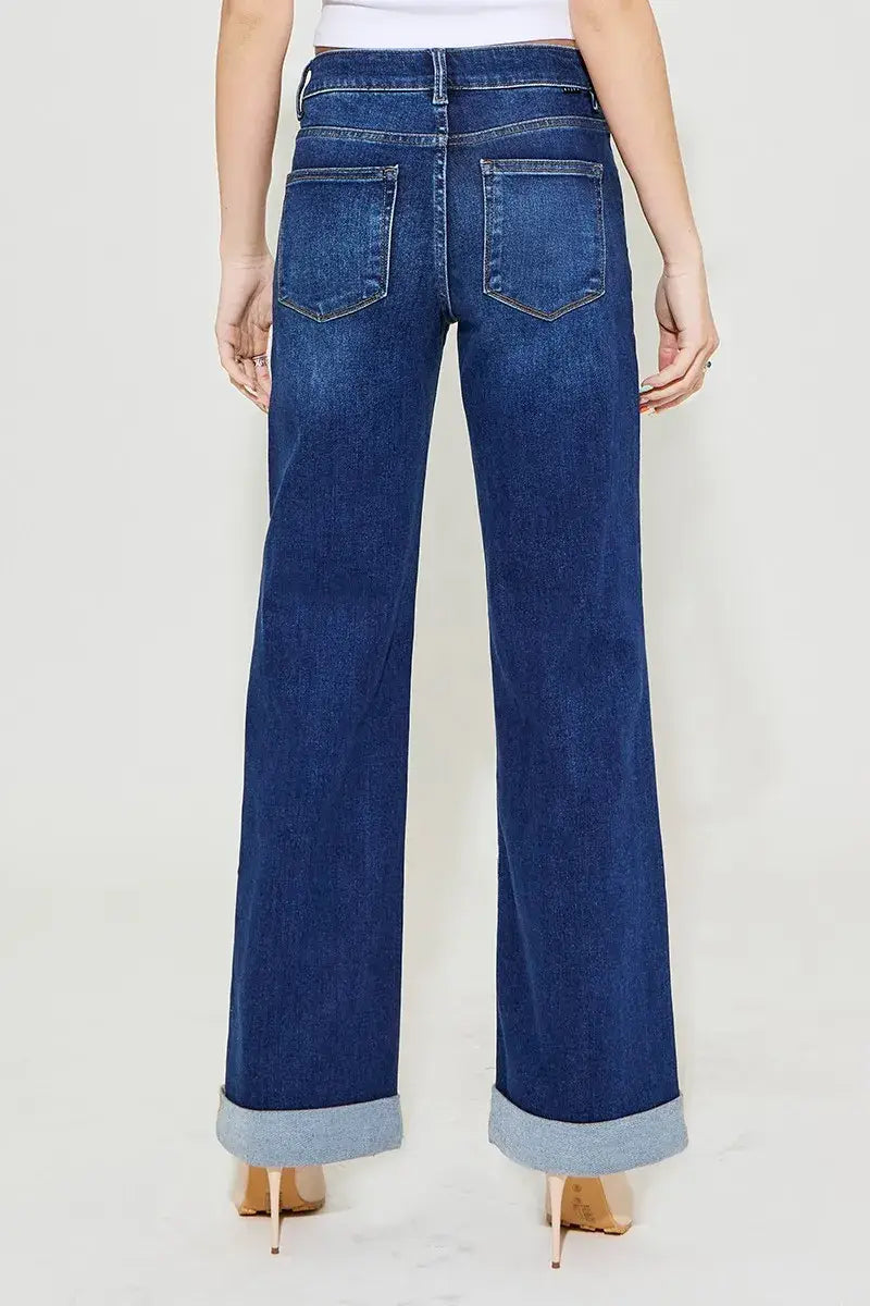 RISEN Full Size Tummy Control High Rise Wide Leg Cuffed Jeans Plus Size - Trendsi - Flyclothing LLC