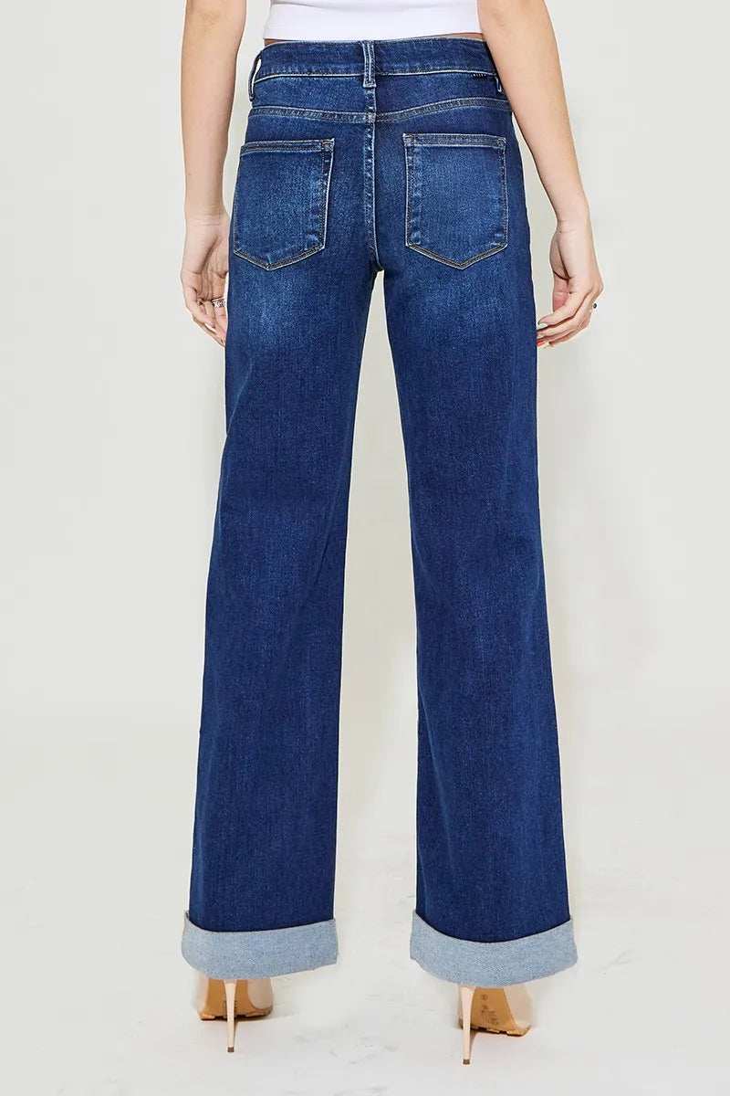 RISEN Full Size Tummy Control High Rise Wide Leg Cuffed Jeans Plus Size - Trendsi - Flyclothing LLC