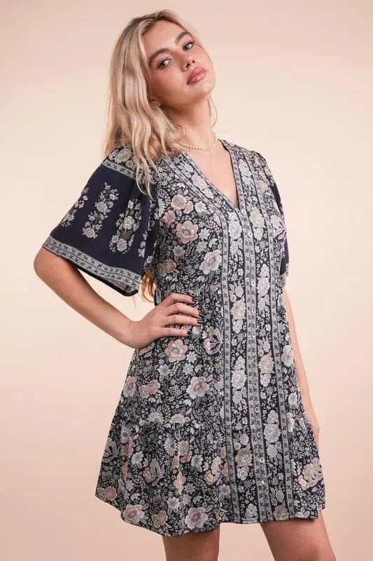 VERY J Shirring Detail Printed Woven Mini Dress - Trendsi - Flyclothing LLC