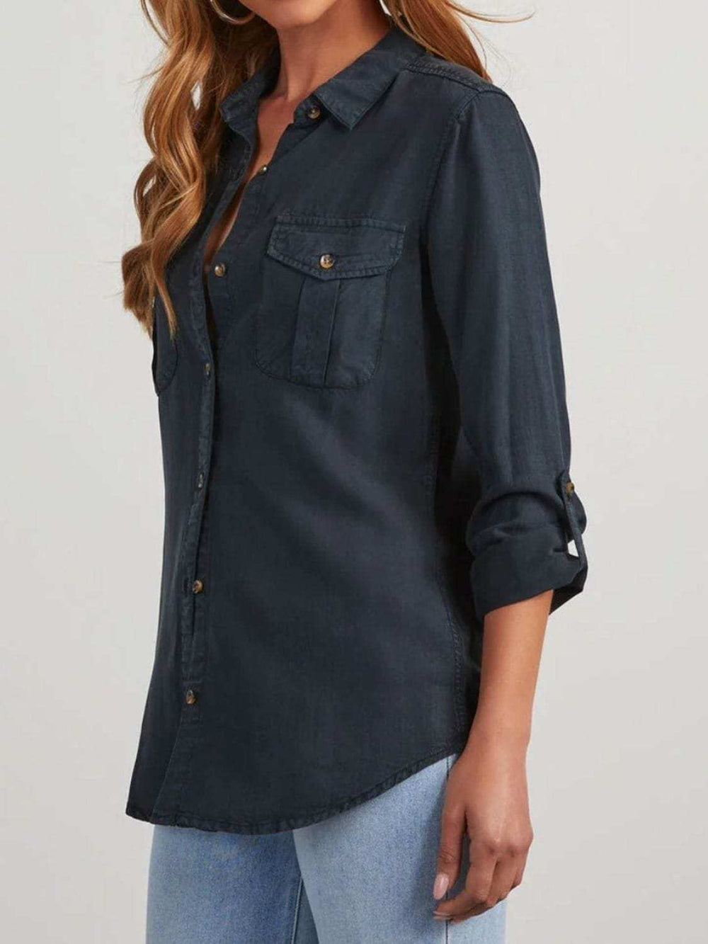 Collared Neck Roll-Tab Sleeve Denim Top - Trendsi - Flyclothing LLC