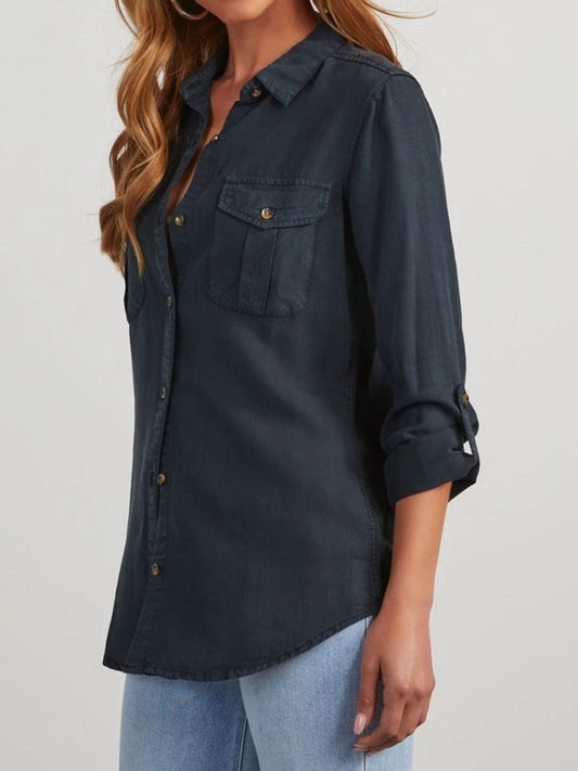 Collared Neck Roll-Tab Sleeve Denim Top - Trendsi