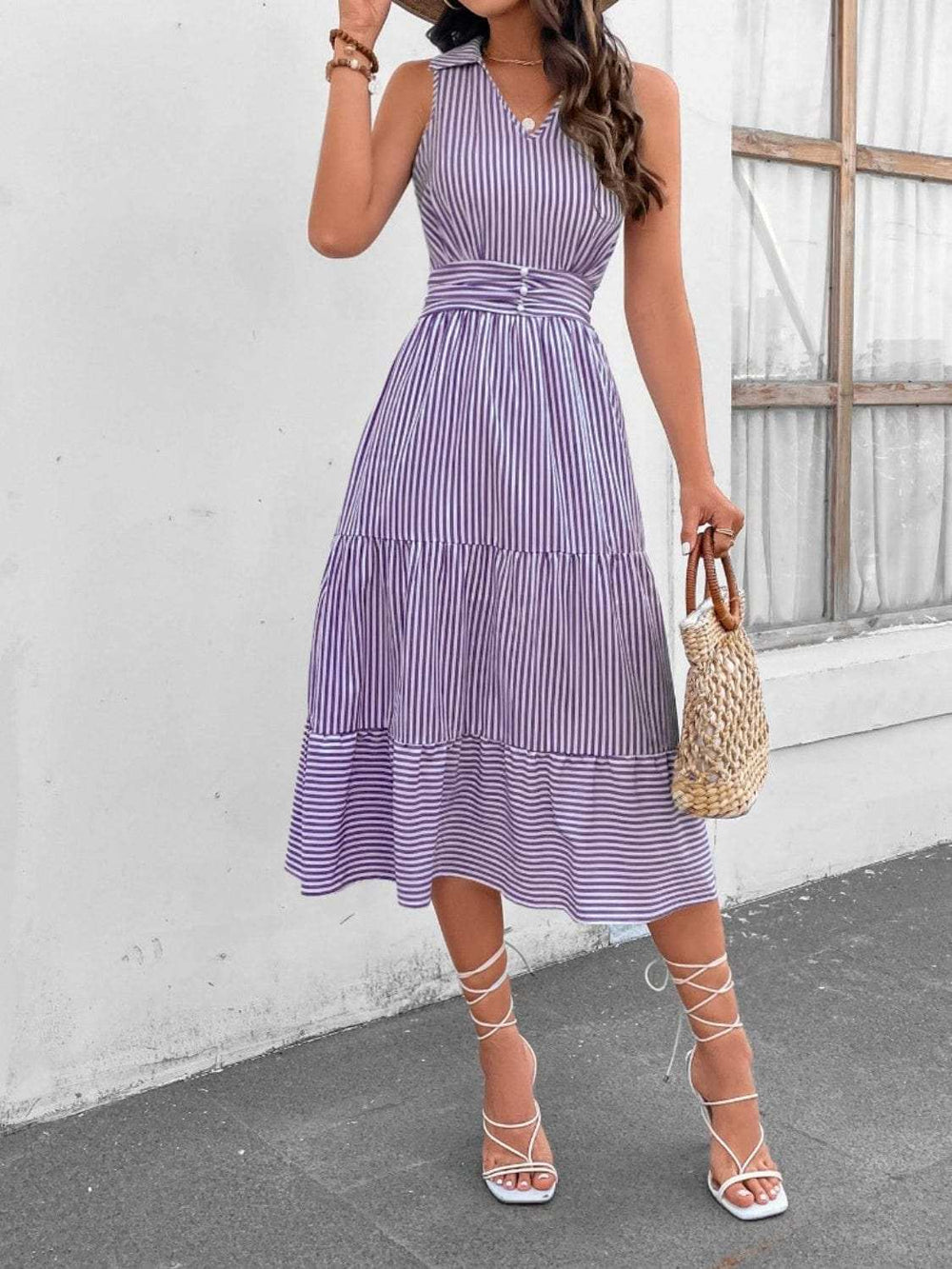 Striped Johnny Collar Sleeveless Midi Dress - Trendsi - Flyclothing LLC