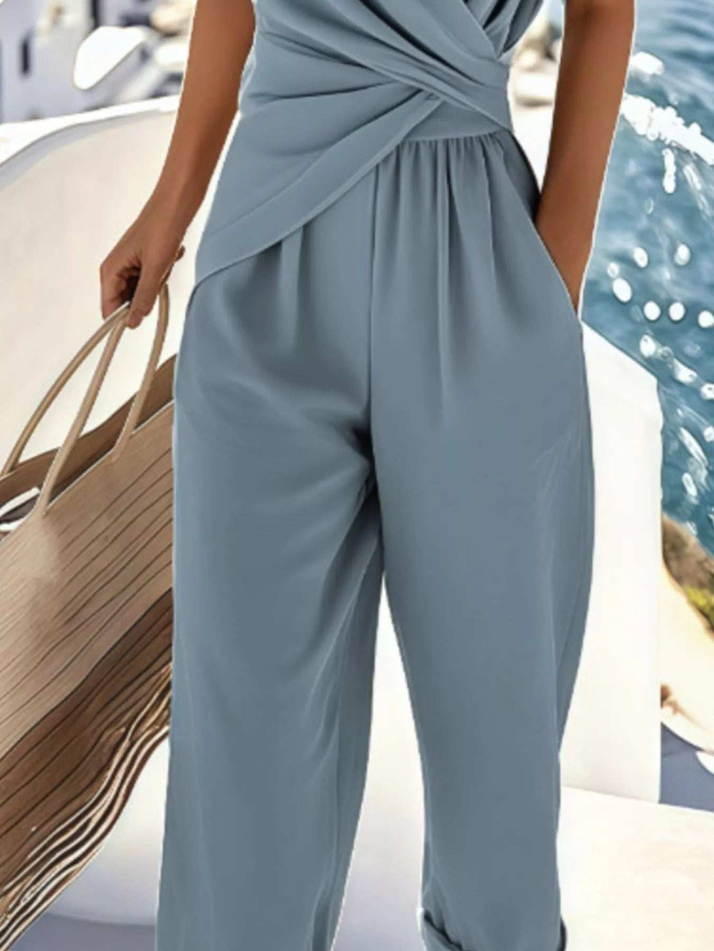 Full Size Surplice Short Sleeve Top and Pants Set Plus Size - Trendsi - Flyclothing LLC