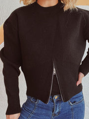 Round Neck Half Zip Long Sleeve Sweater - Trendsi