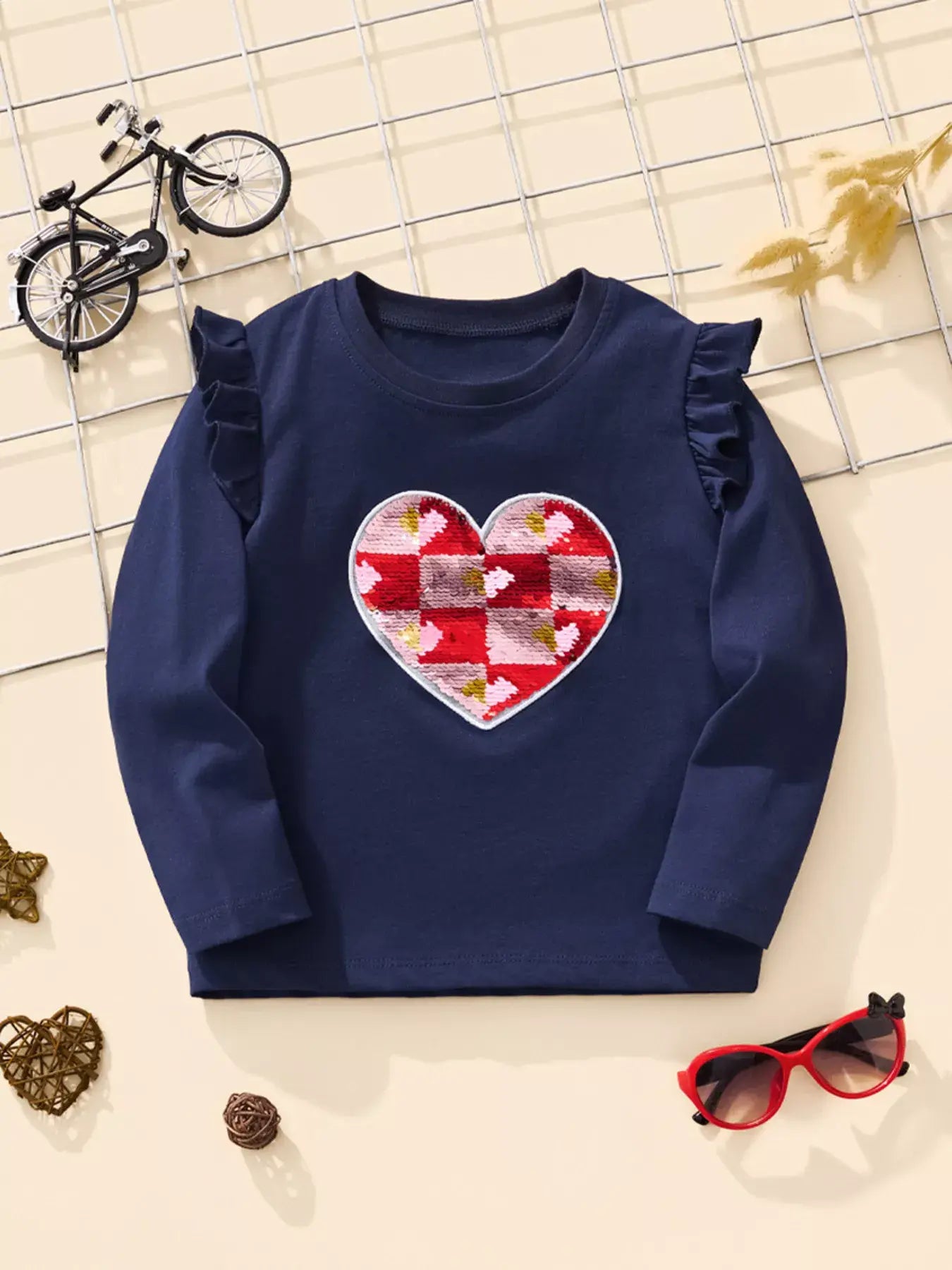 Children's Long Sleeve Heart Patch Ruffle Trim T-Shirt - Trendsi - Flyclothing LLC