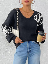 Flower V-Neck Long Sleeve Sweater - Trendsi - Flyclothing LLC