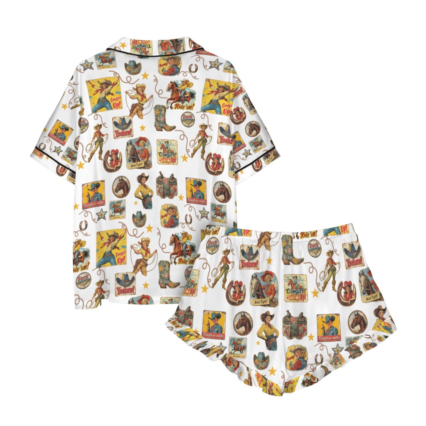 Baha Ranch Vintage Cowgirl Collage Western Satin Ruffle Pajama Set